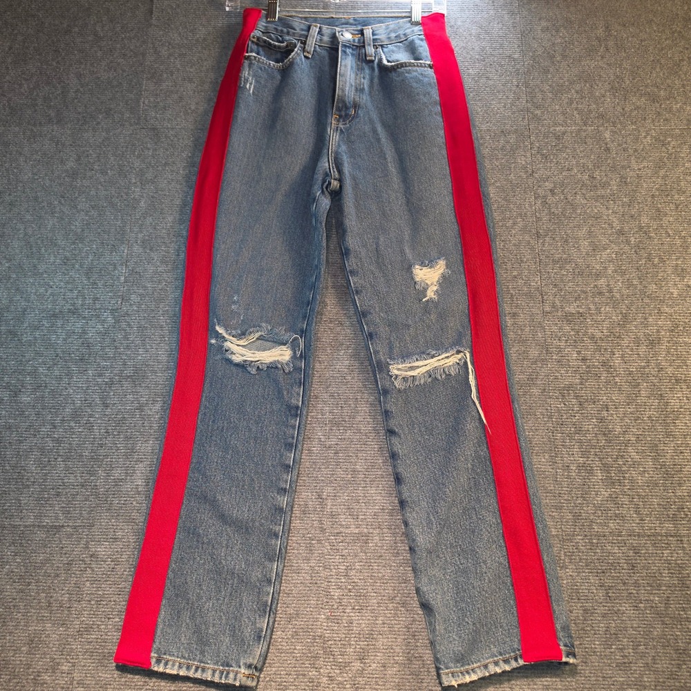 Carmar Straight Leg Jeans Womens 25 Blue Red Distressed Side Stripe Good